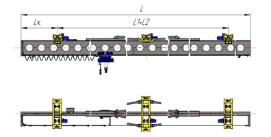 Кран мостовой электрический однобалочный подвесной двухпролетный